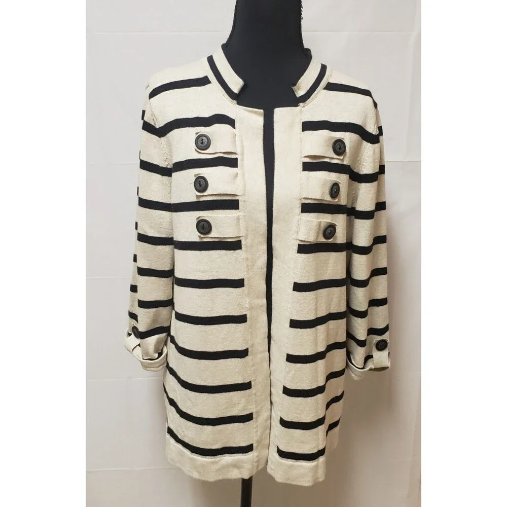 Christopher & Banks Double Breasted Knit Oatmeal Black Stripes Cardigan L NWOT
